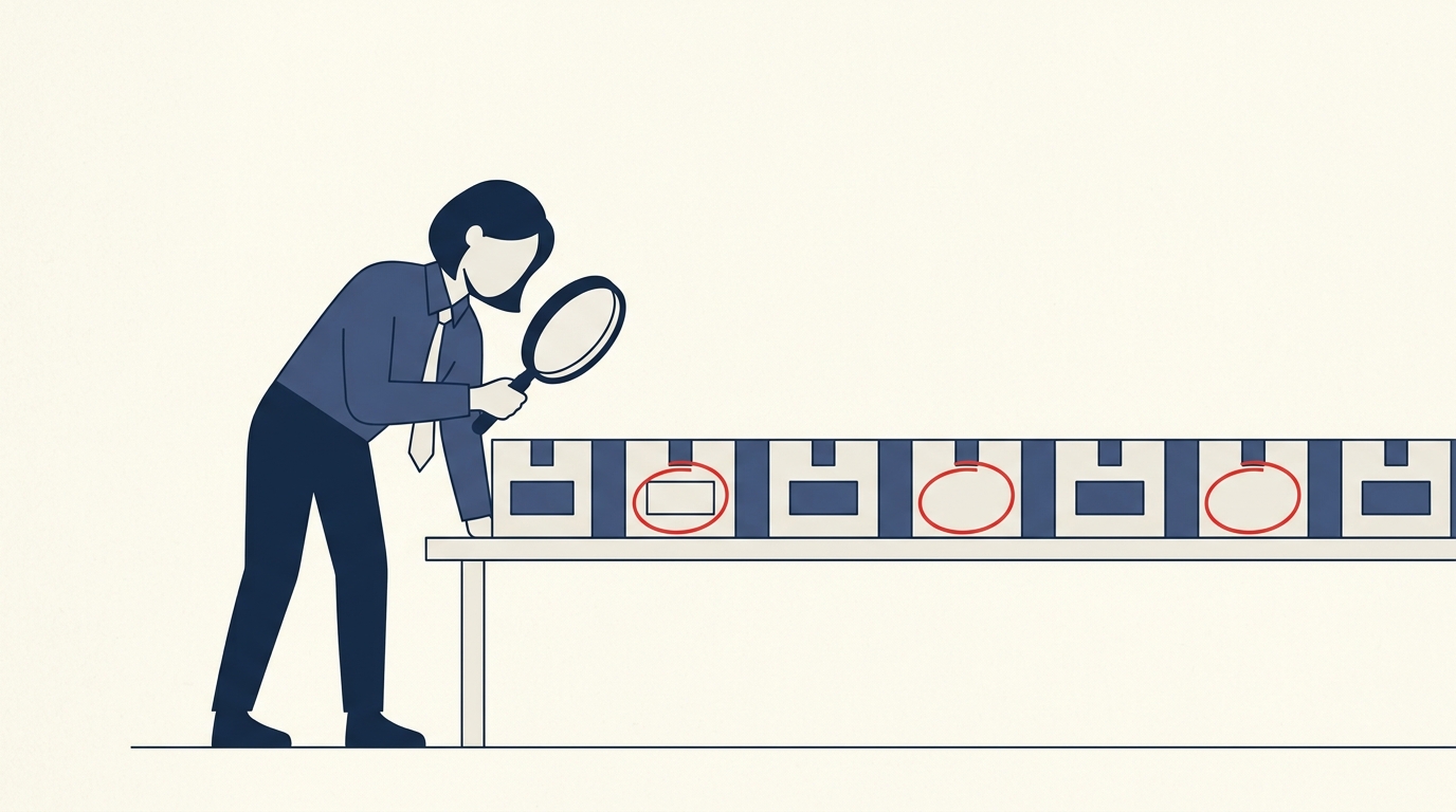Compliance audit — officer inspecting an AI model chain with gaps circled in red